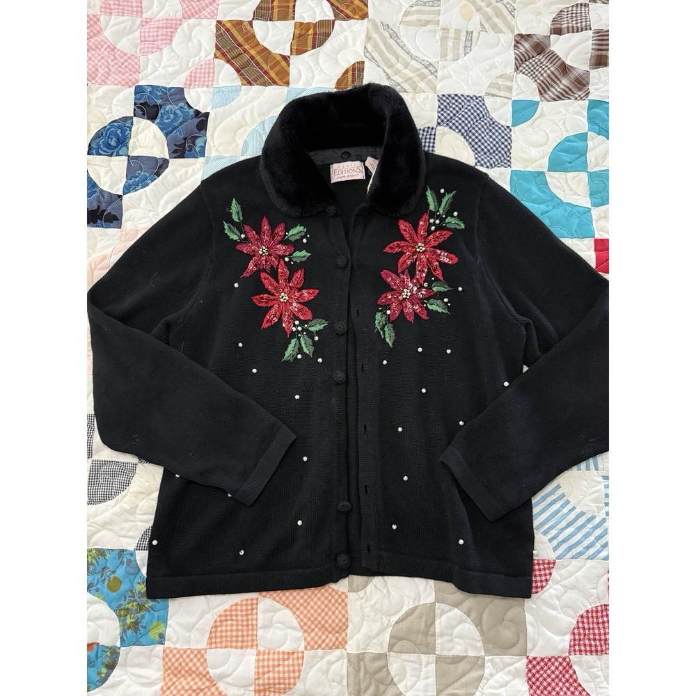 Vintage Basic Editions Holiday Sweater Poinsettias Cardigan W/Removable Collar